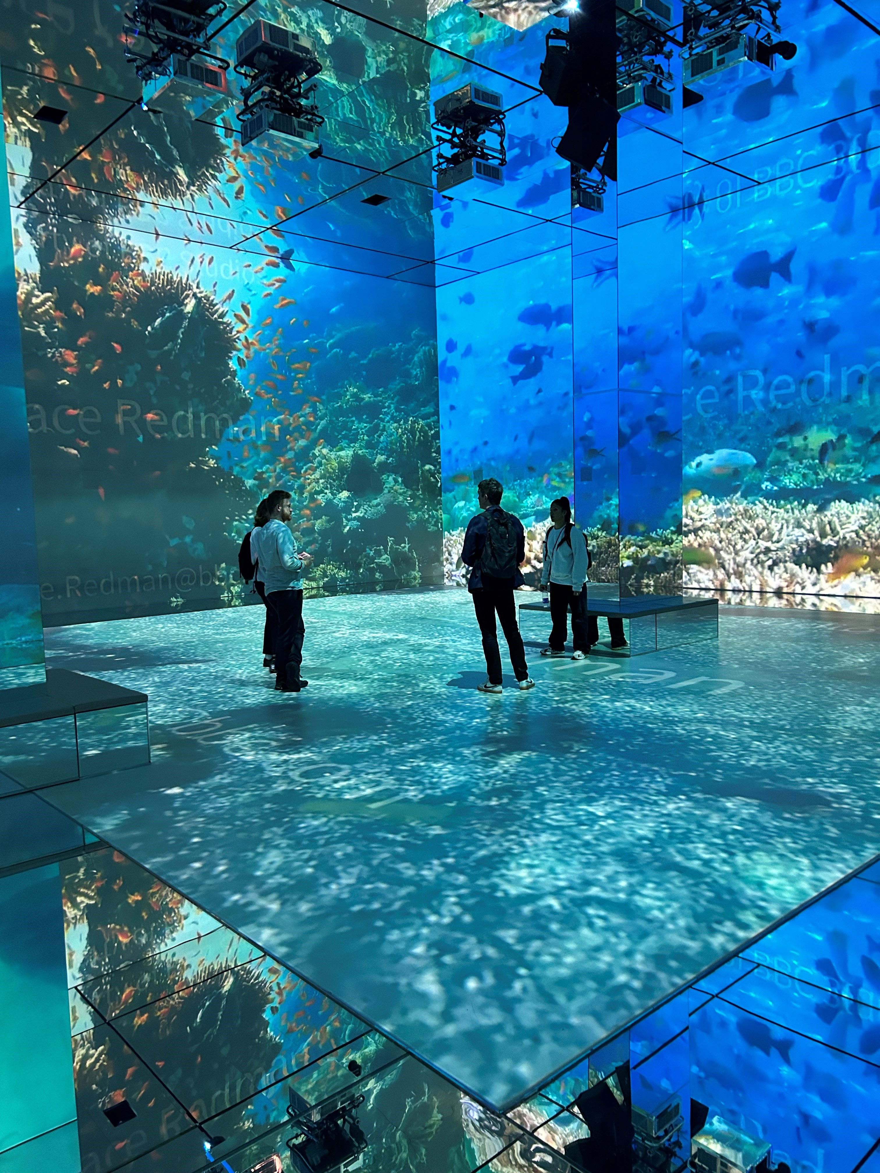 Immersive underwater event space with marine life visuals for product launches and team-building.