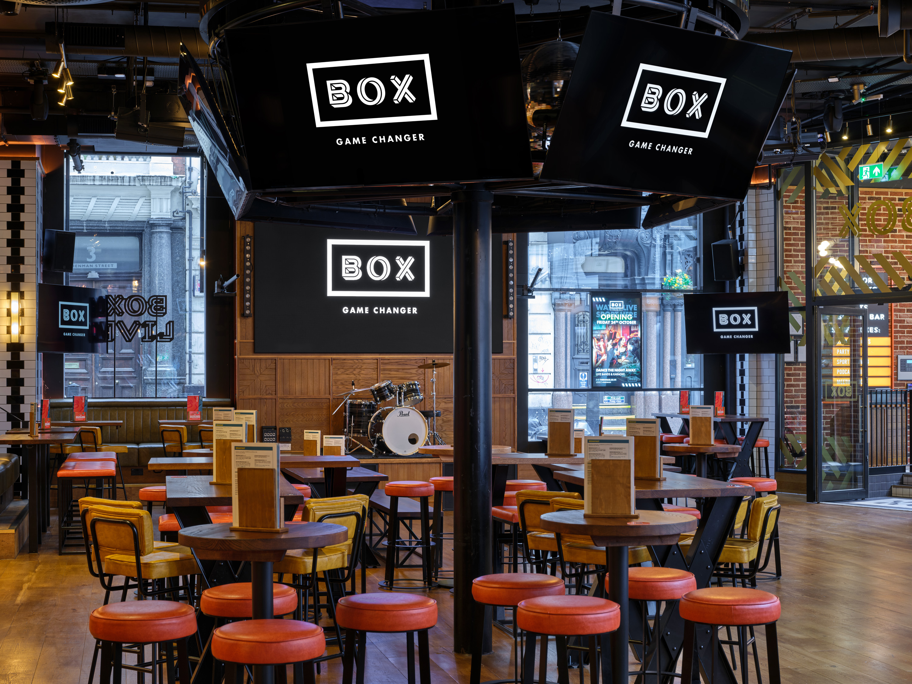 Modern event space at BOX Piccadilly with dynamic lighting for corporate and social events.