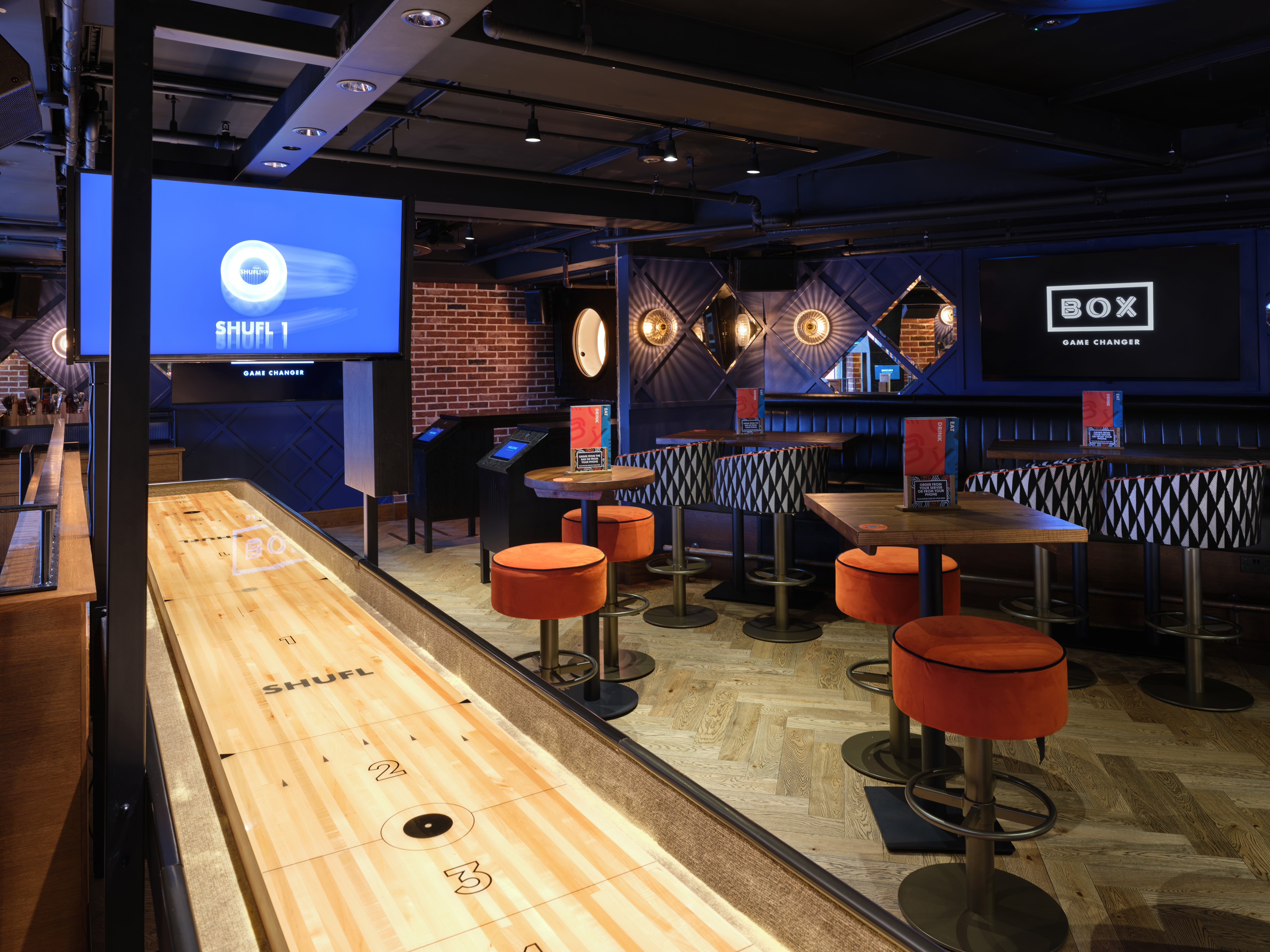 Modern BOX Piccadilly venue with bowling alley for corporate events and team-building.