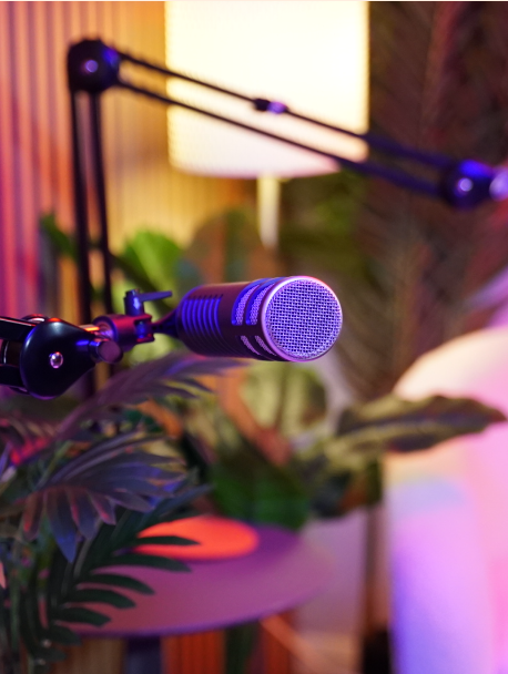 Podcast studio with professional microphone for engaging presentations and events.