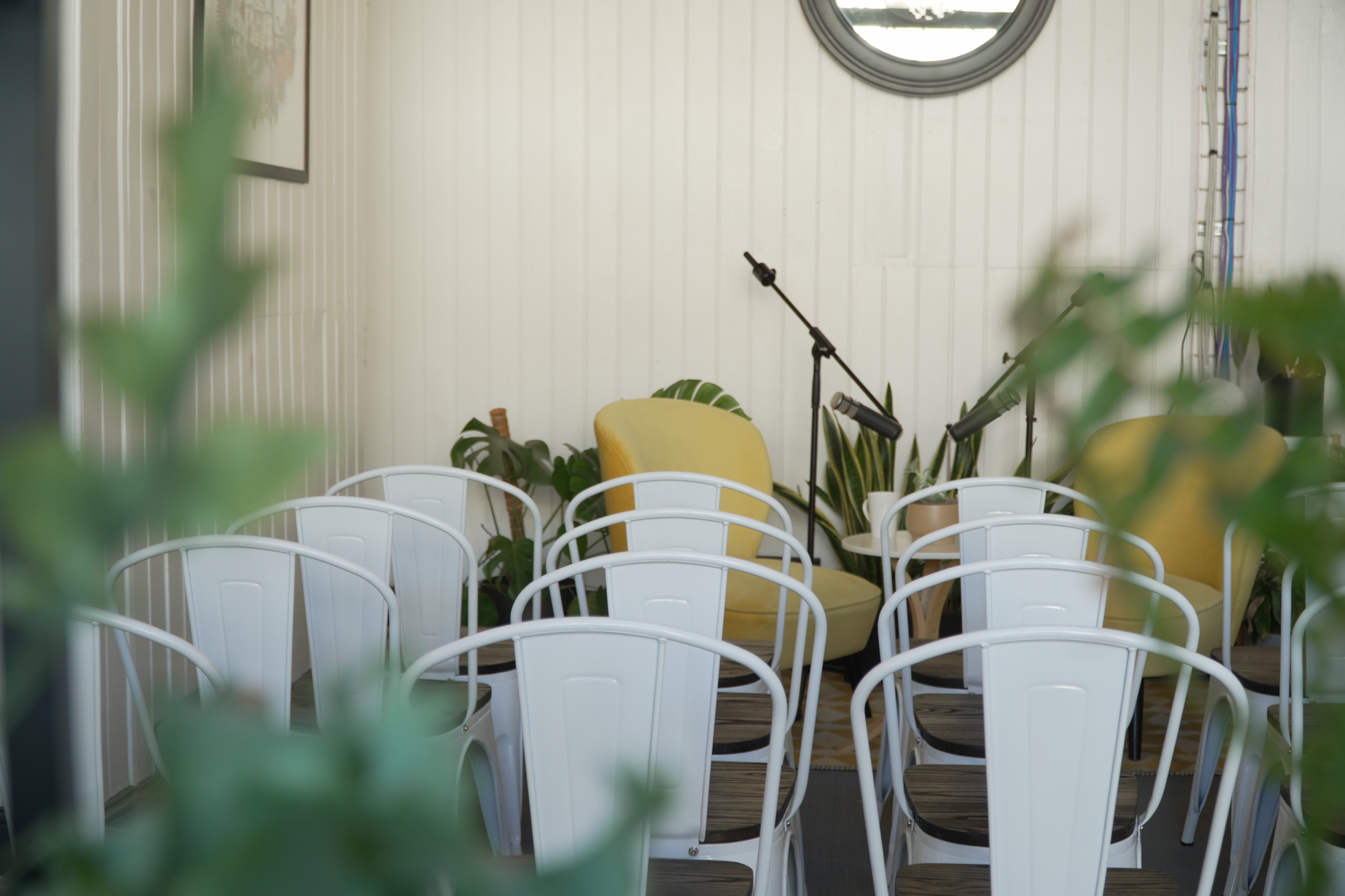 Cozy event space with chairs and greenery for meetings and presentations in West Digital Studios.