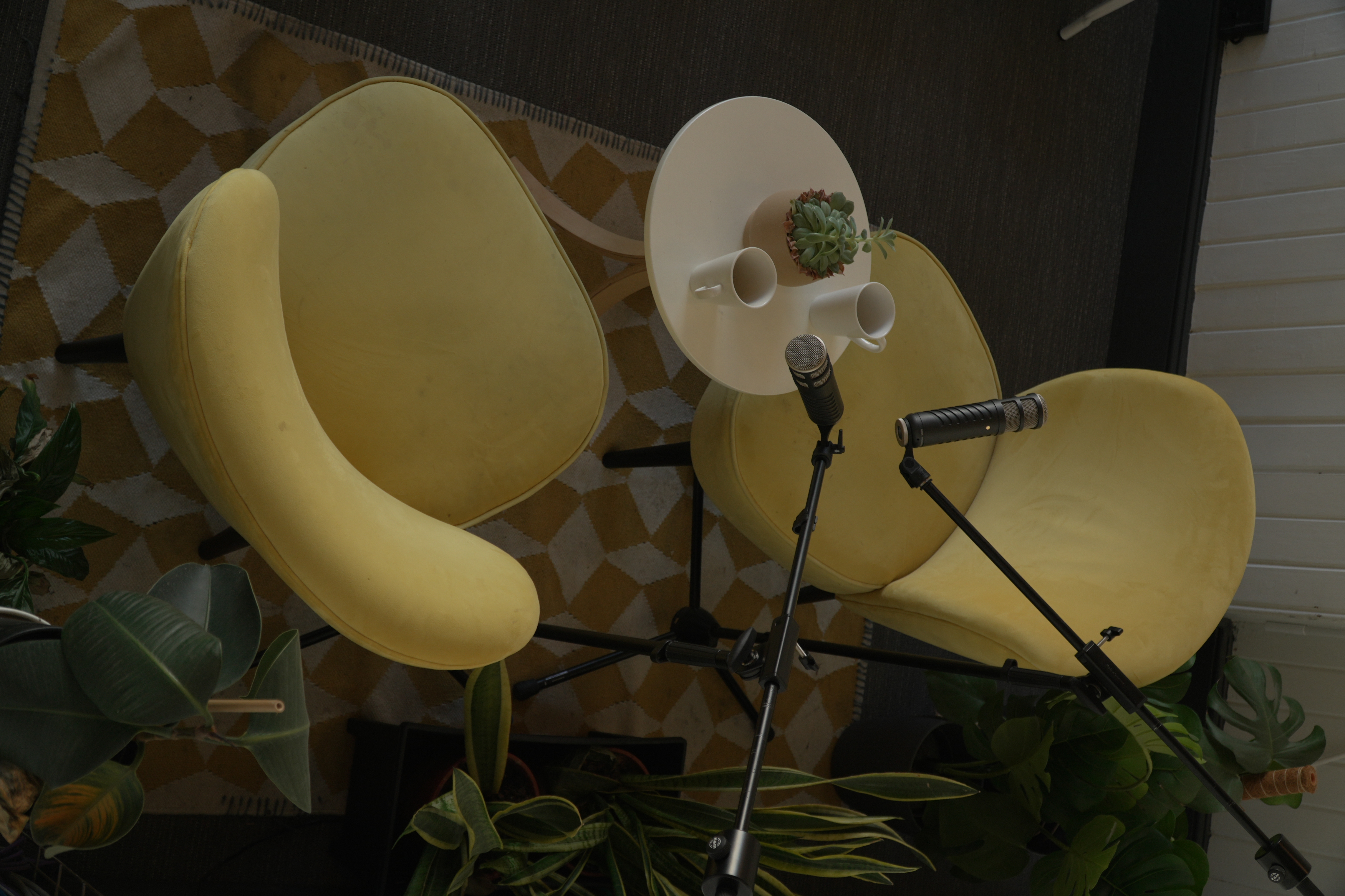 Cozy event space with yellow armchairs for intimate discussions at West Digital Studios.