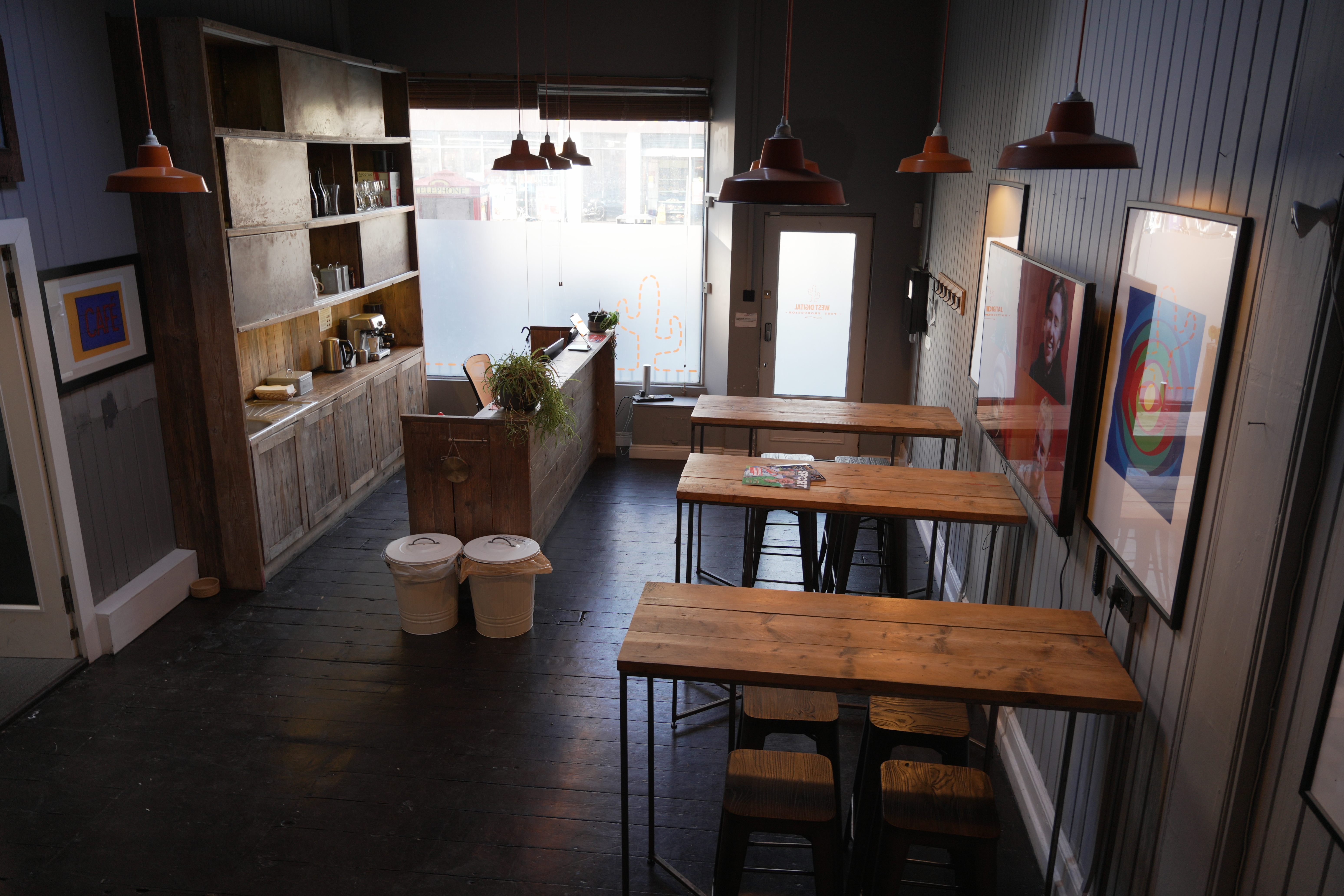 Cozy bar and event space at West Digital Studios, ideal for meetings and workshops.