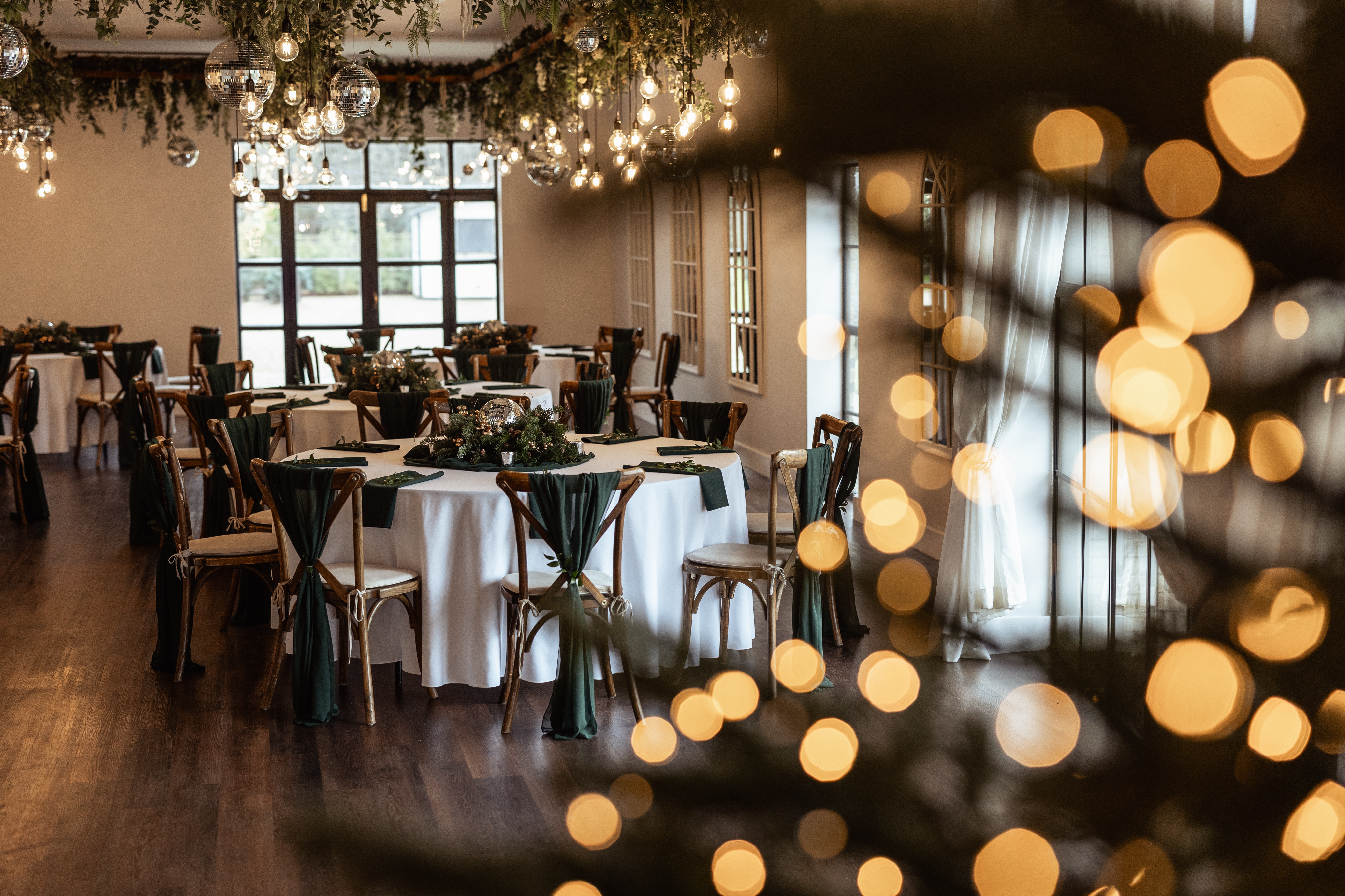 Elegant event space with string lights for festive weddings in Oad Street Venue.