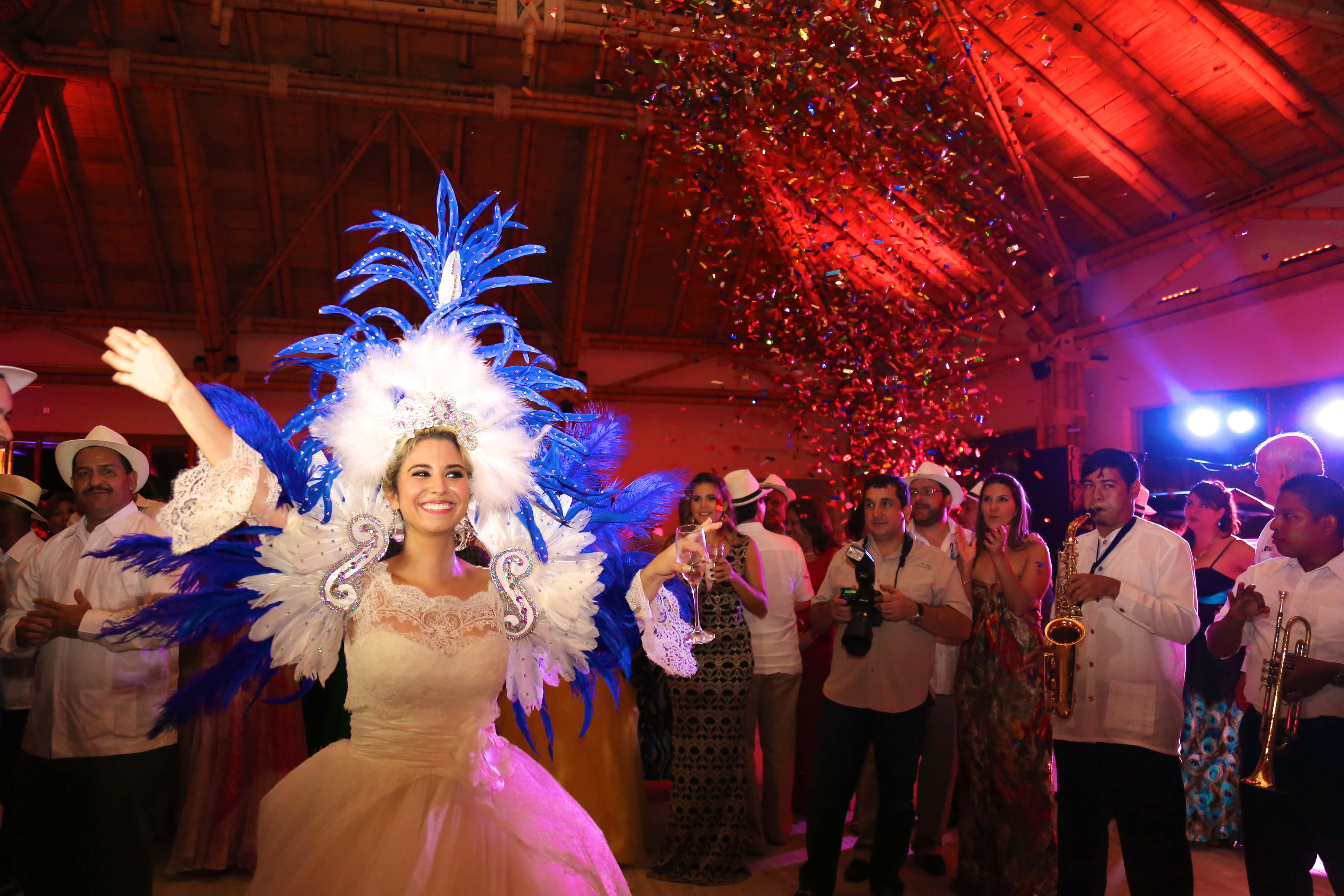 Ballroom + Chapel event with elaborate performer costume and festive confetti celebration