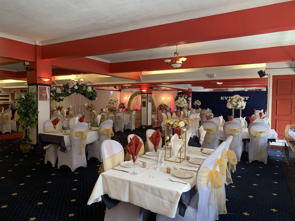 Main Hall at Everest Cuisine, elegantly set for weddings and formal events.