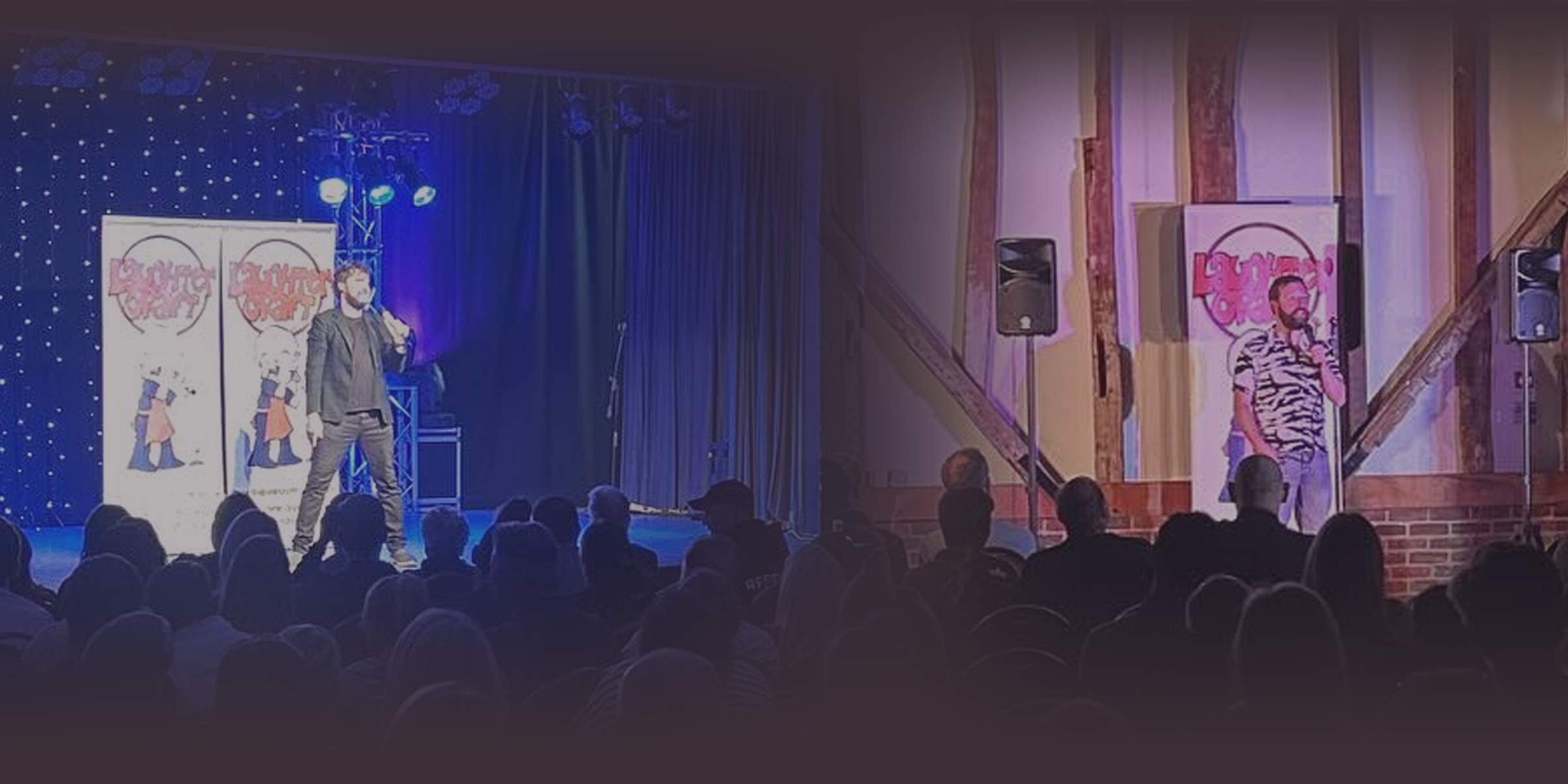 "Live performance on stage in Holyport Memorial Hall with dramatic lighting and engaged audience."