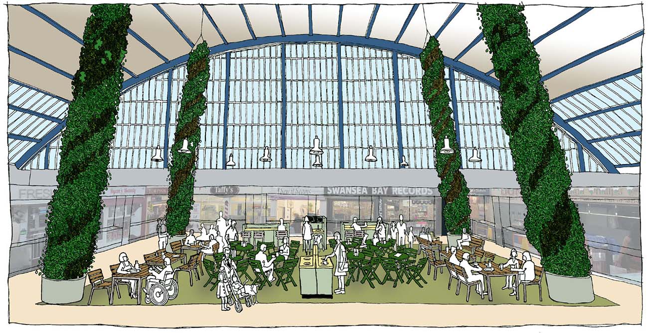 Event venue at Swansea Indoor Market with modern design and lush greenery for weddings.