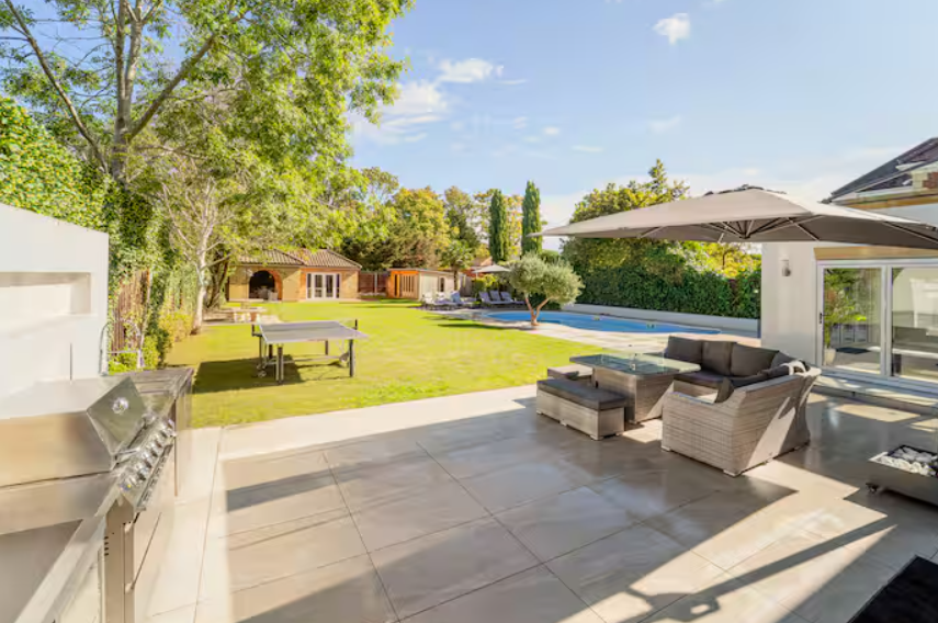 Outdoor filming location at Emerson Park Villa with lush greenery, perfect for events.