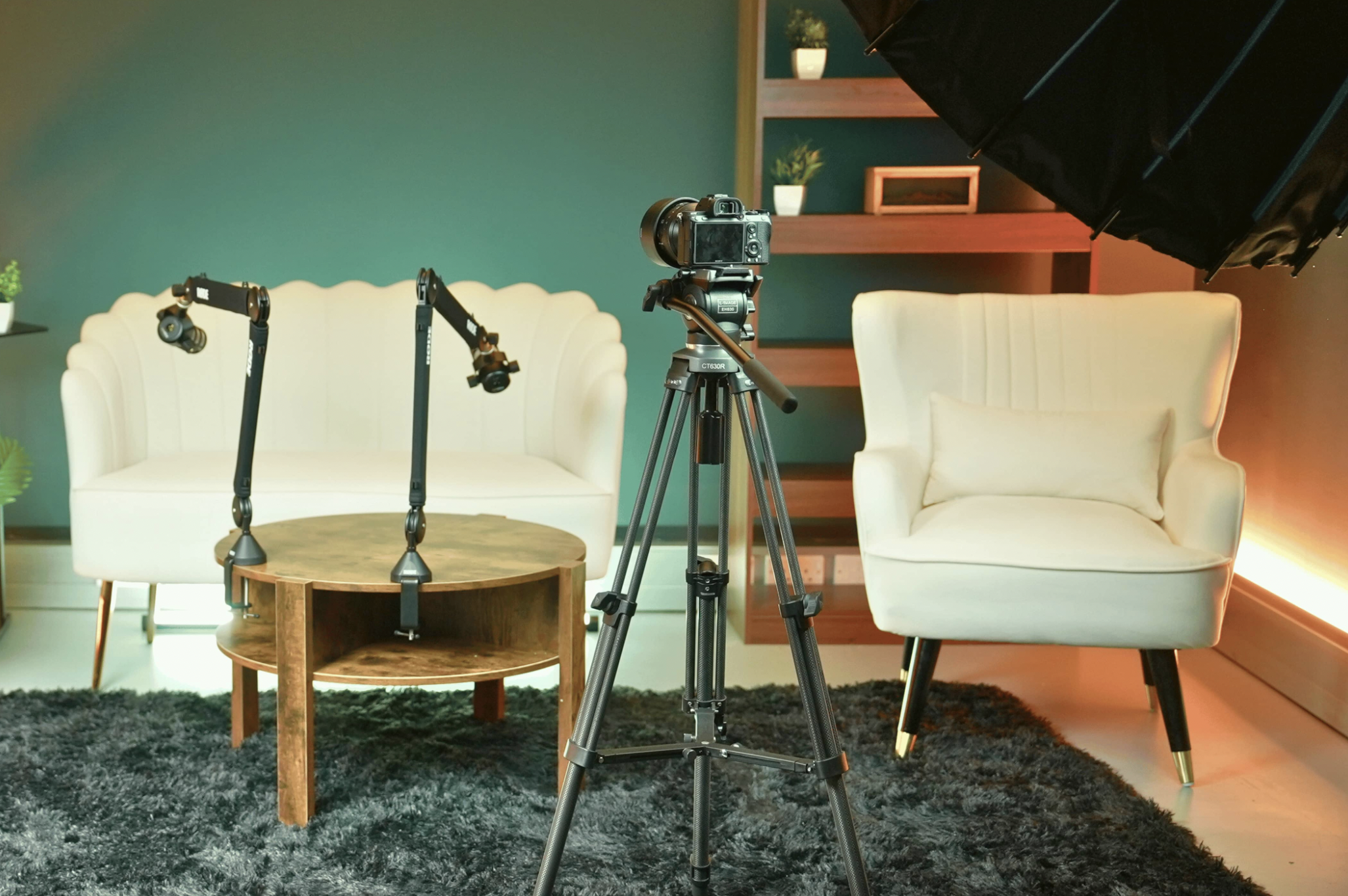 Cozy podcast recording studio with adjustable lighting for virtual events in London.