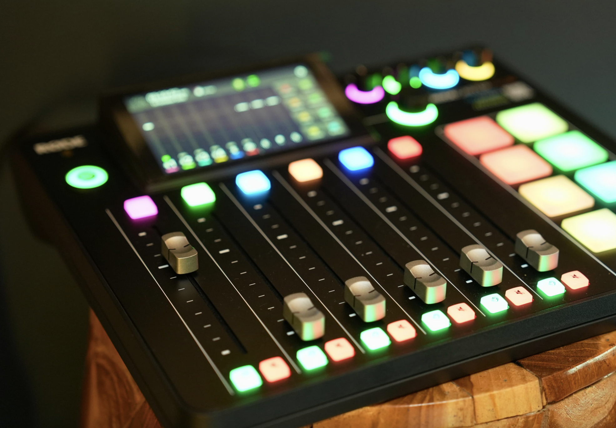 Podcast recording studio with audio mixing console for seamless sound management at events.