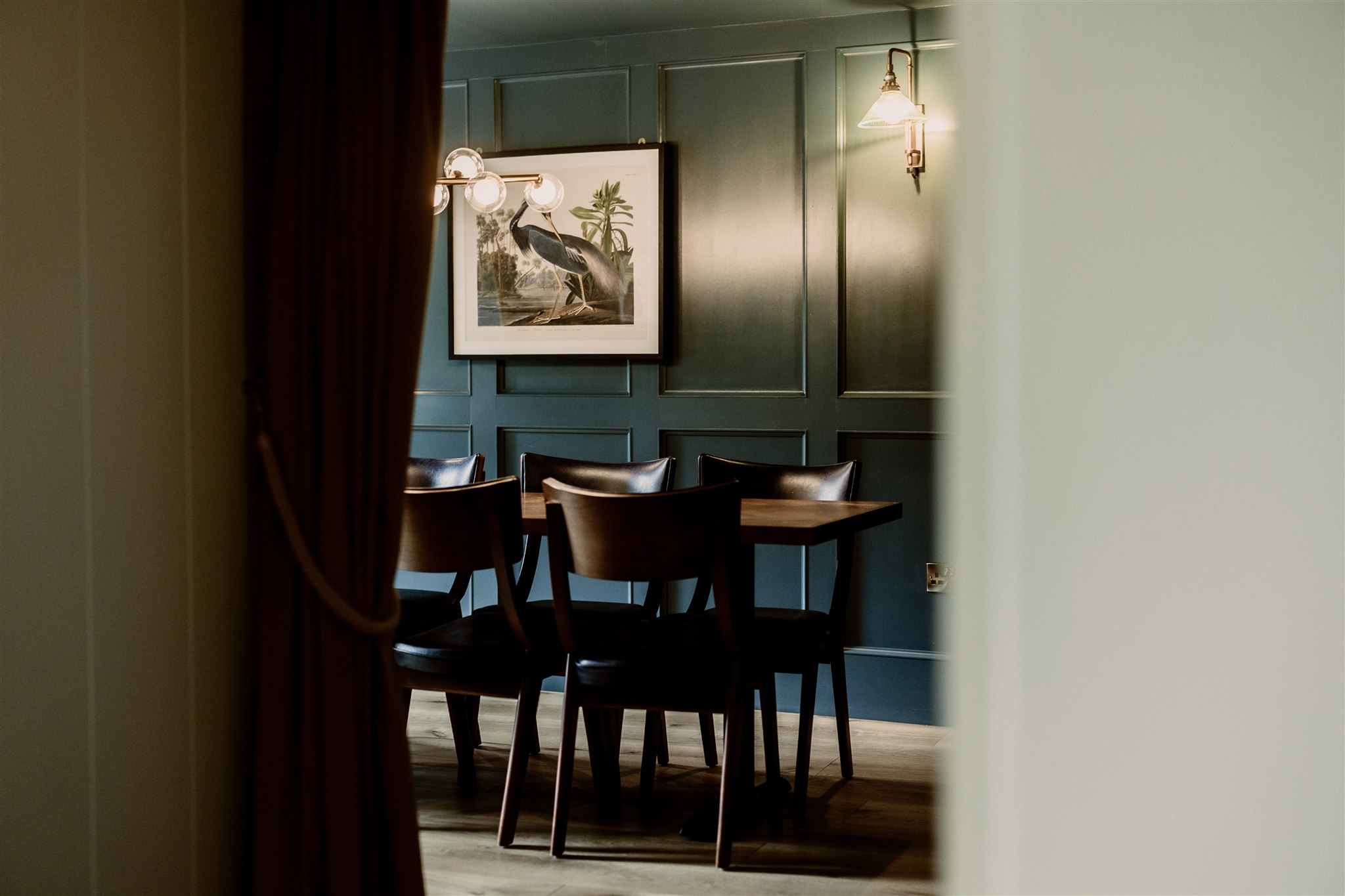 Olive Room Function Space with dark blue walls for meetings and workshops at The Spotted Dog.