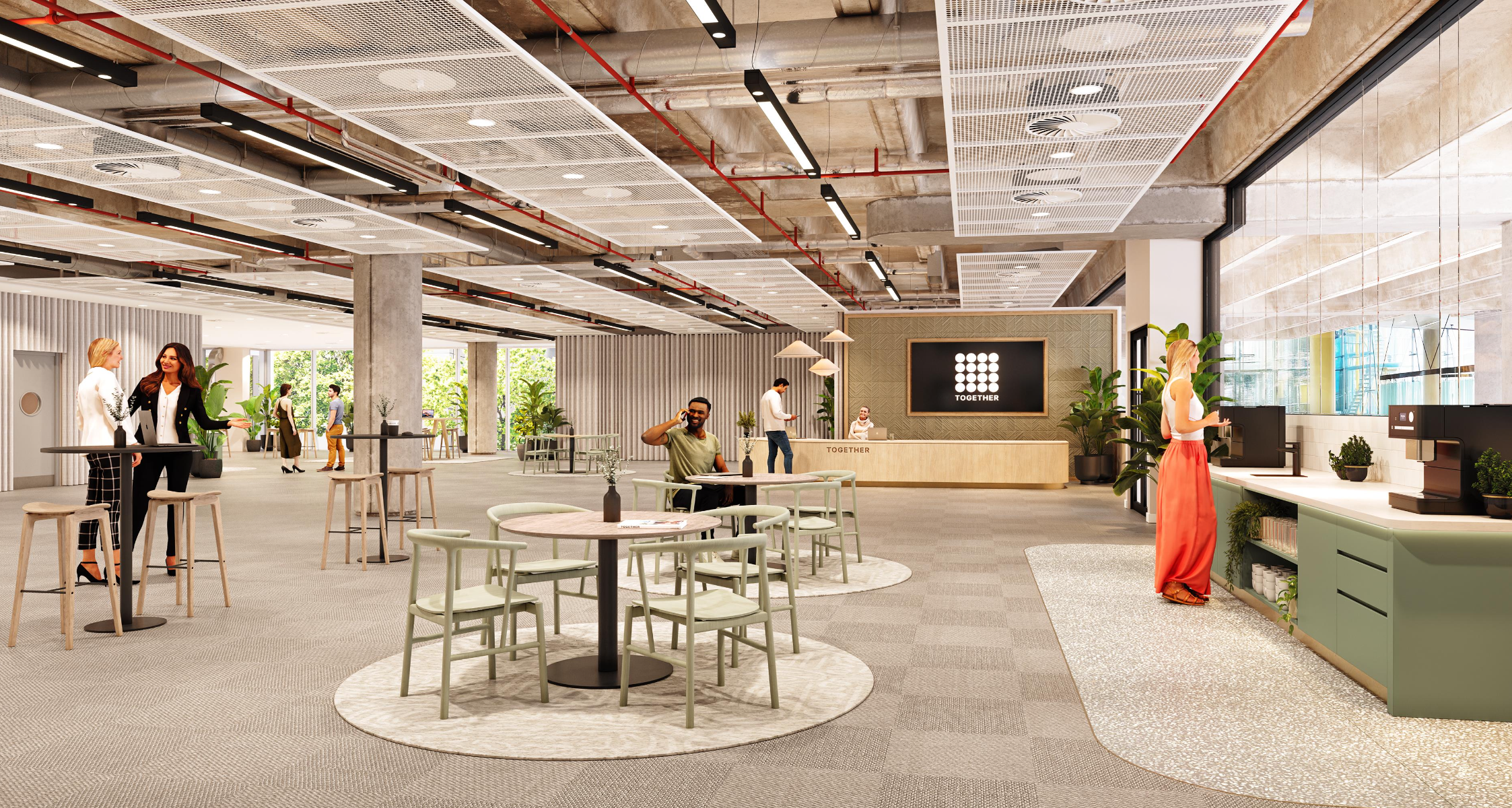 Modern auditorium event space with natural light for meetings and gatherings.