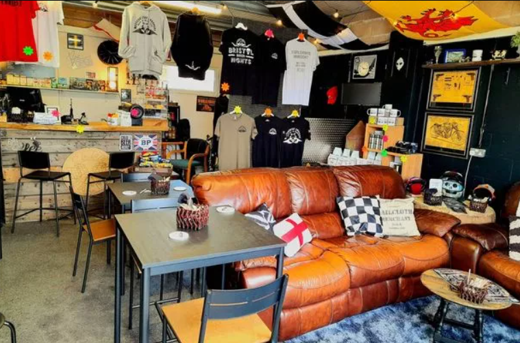 Cozy Explorers Hangout space with leather seating for community events in Westcountry Choppers.