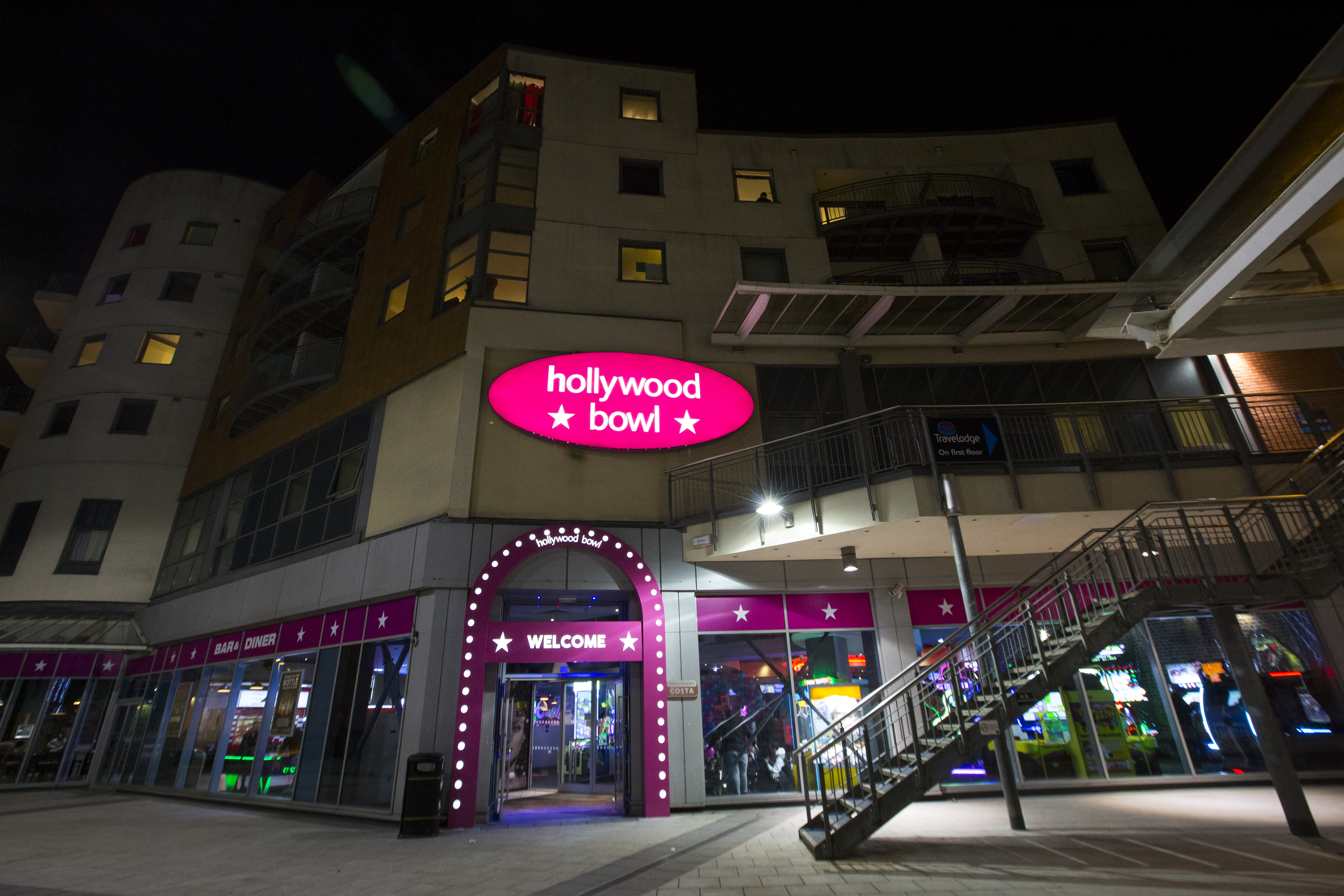 Illuminated Hollywood Bowl Birmingham, ideal for corporate networking and team-building events.