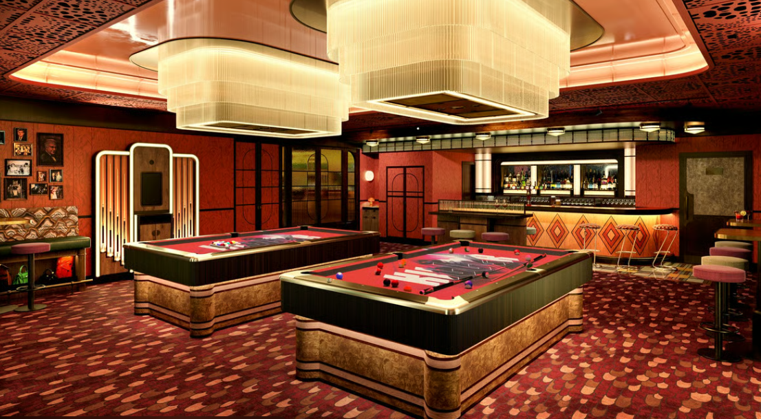 Sophisticated gaming lounge with pool tables for upscale events and gatherings.