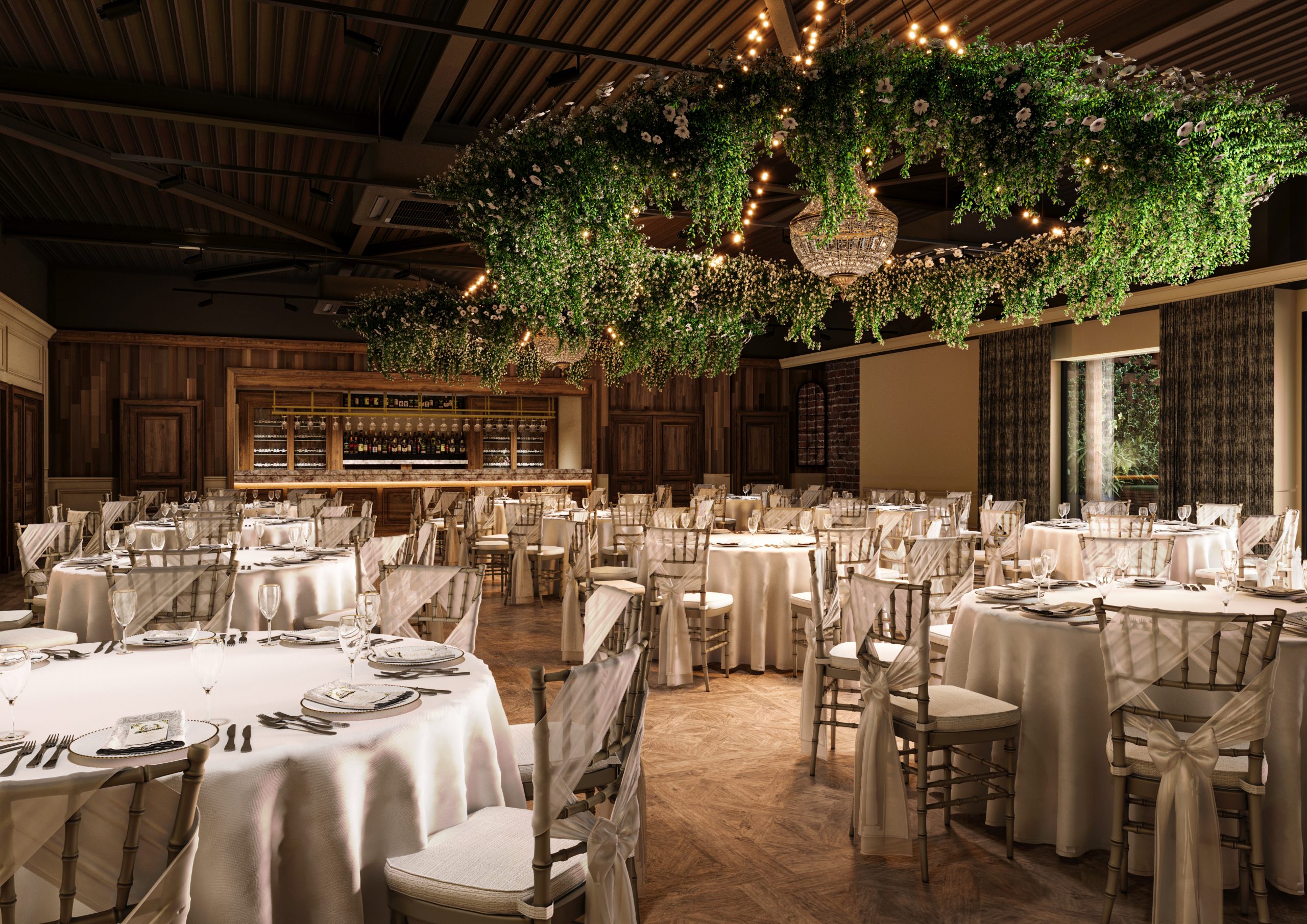 Elegant banquet setup with round tables, perfect for weddings or upscale events in Newton Hall.