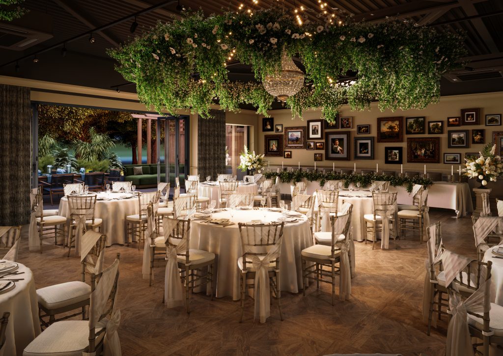 Elegant event space at Newton Hall with lush greenery for weddings and corporate gatherings.