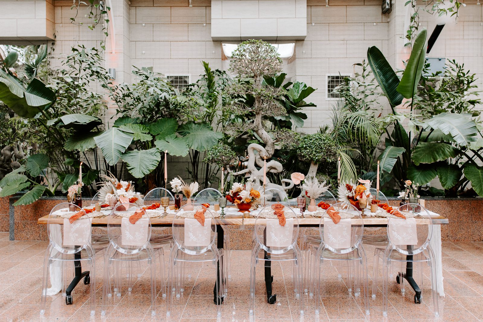Elegant event setup with long table and greenery at Newton Hall, perfect for gatherings.