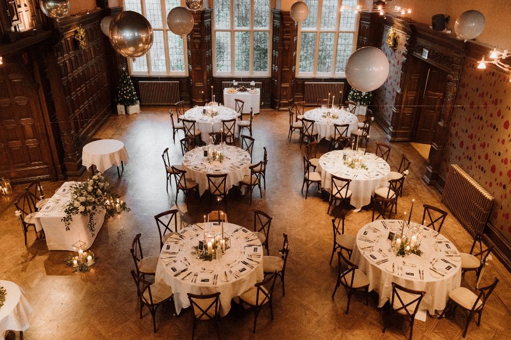 The Great Hall at Jesmond Dene House with elegant gala decor for weddings and corporate events.