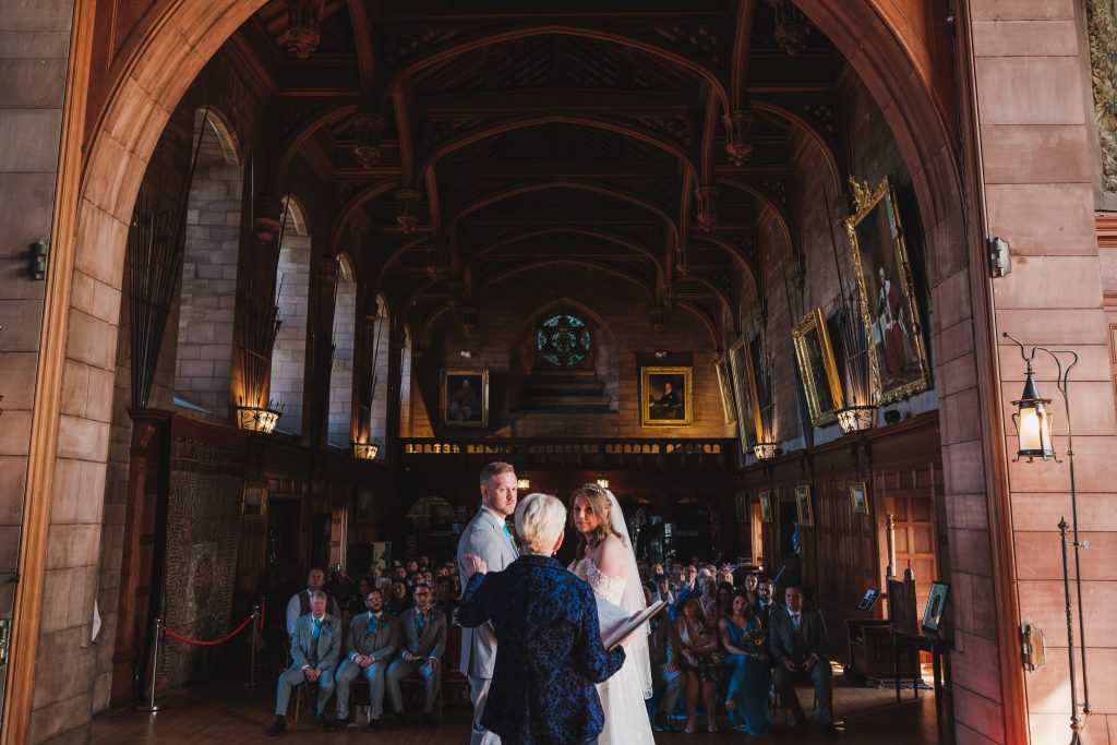 Historic Great Hall at Chipchase Castle for a vaulted ceiling wedding ceremony venue.