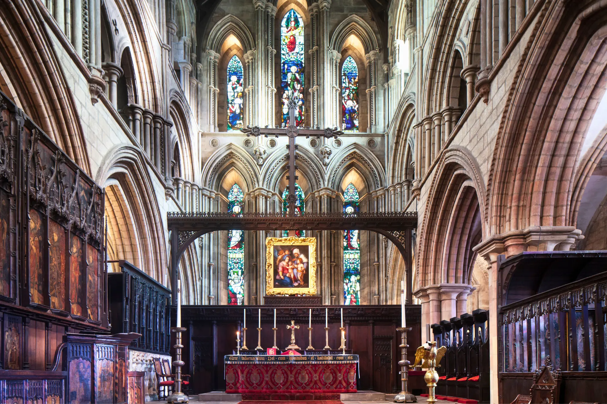 Great Hall at Hexham Abbey, vaulted ceilings, ideal for wedding ceremonies.