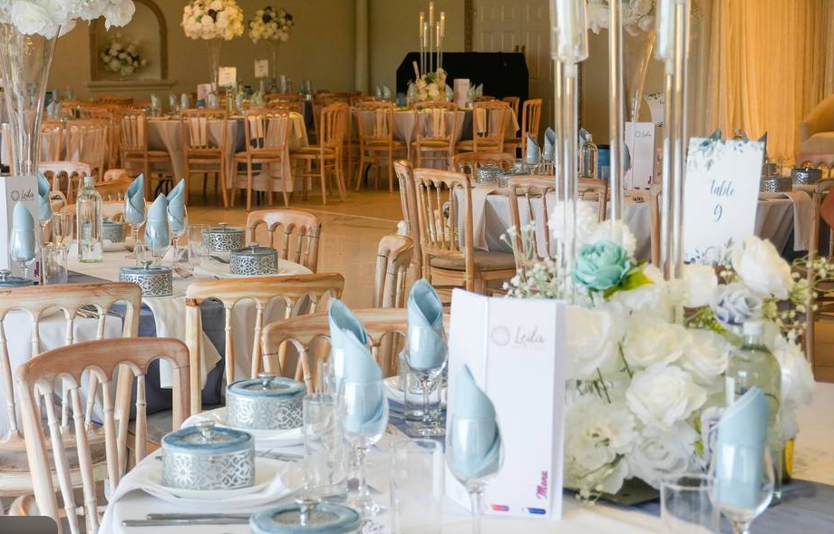 Banquet setup at Bandstand Cafe Bistro with floral decor for weddings and formal events.