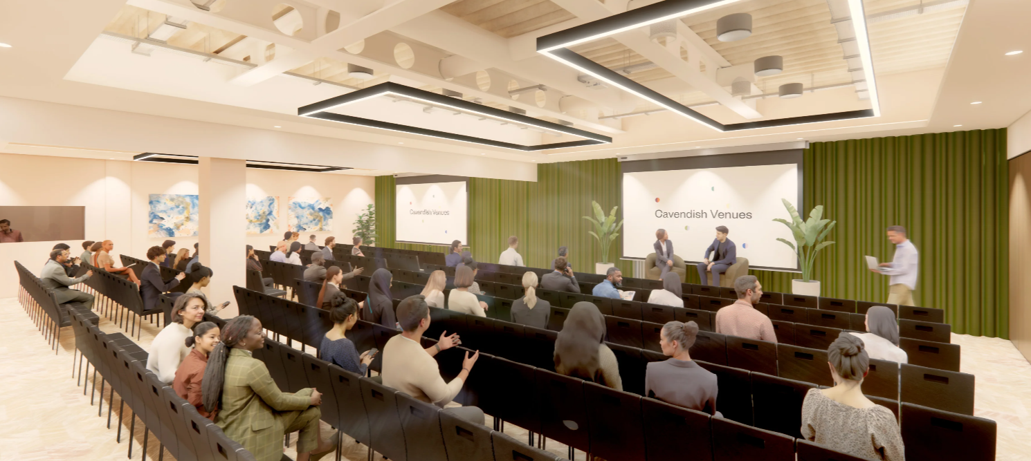 Conference room at Basinghall Forum with tiered seating, ideal for presentations and networking.