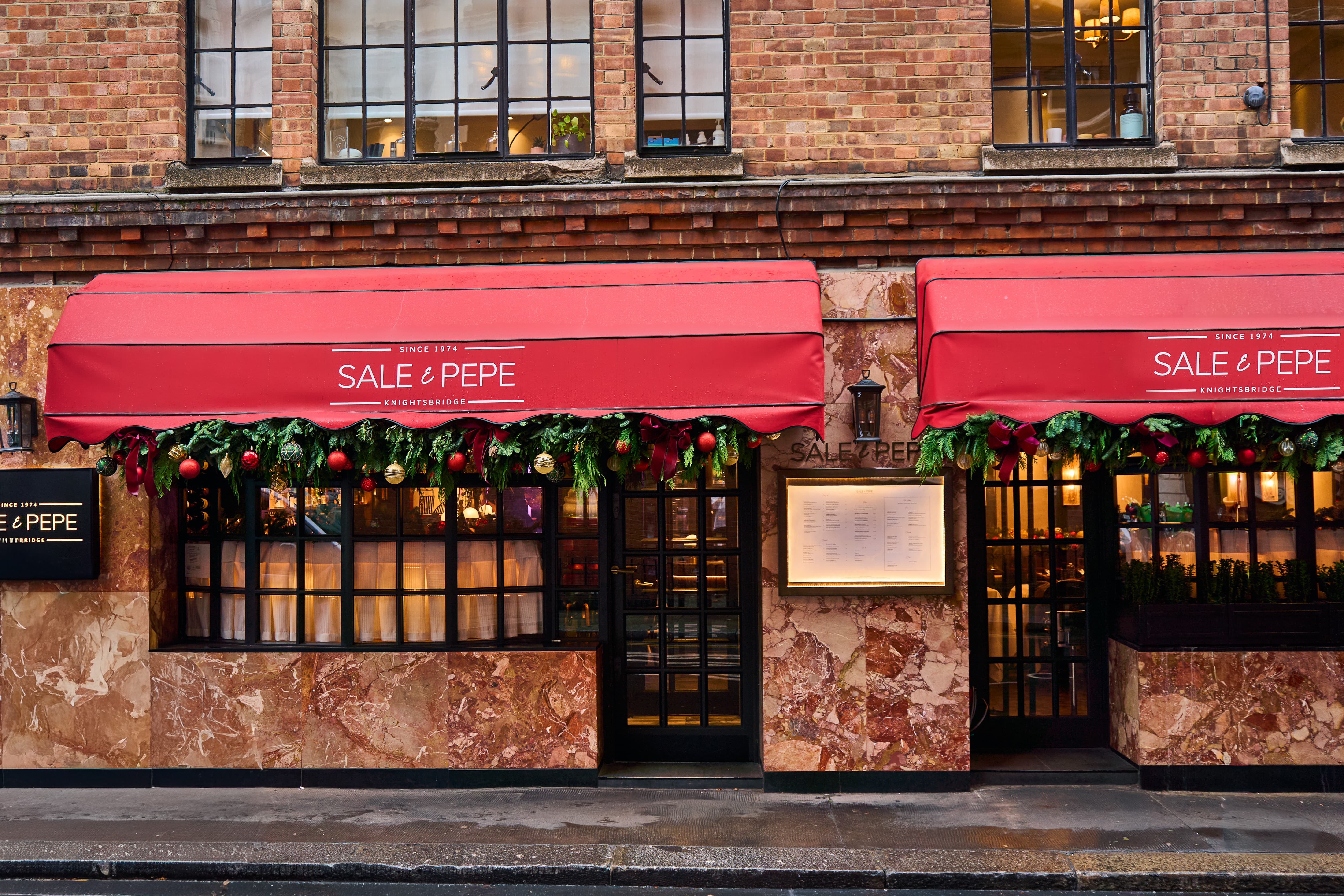 Sale e Pepe Knightsbridge festive restaurant facade for corporate dinners and client hospitality.