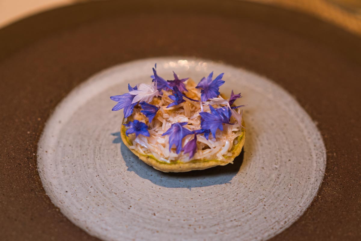 Gourmet dish with edible flowers at Chef's Table, ideal for upscale catering events.