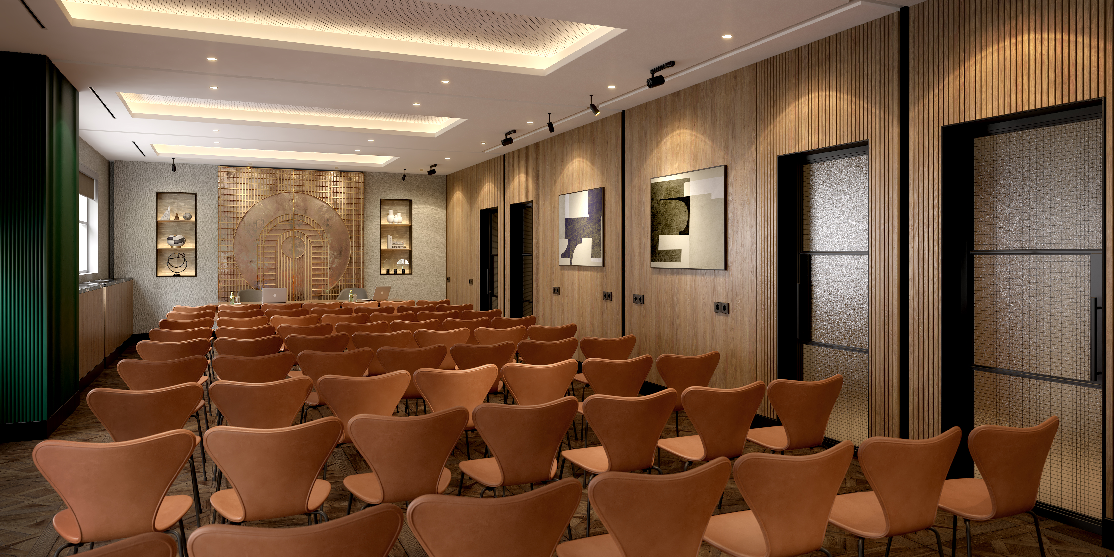 Modern meeting room at Hyatt Regency London for events, featuring sleek wooden paneling.