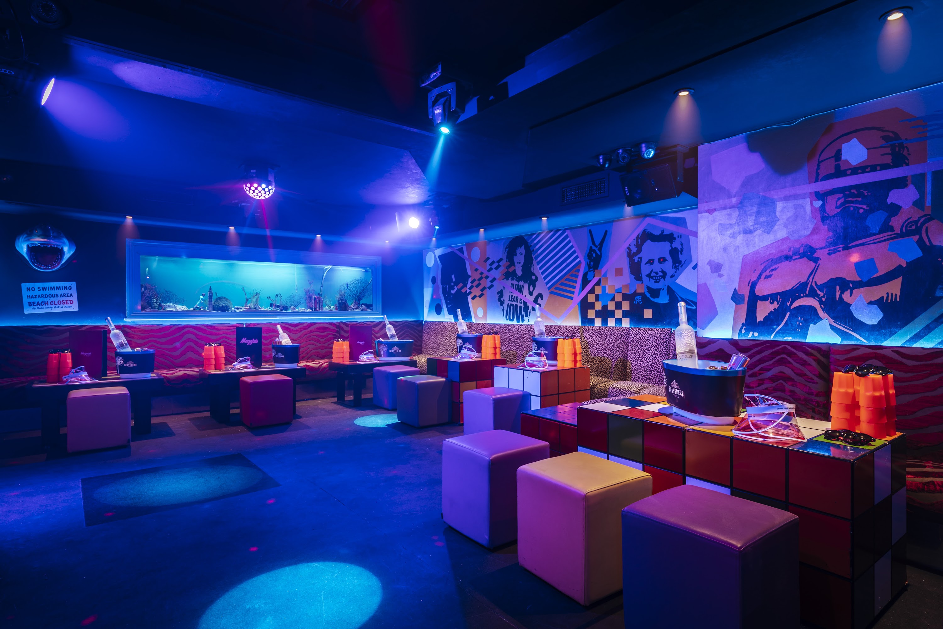 Vibrant event space with colorful seating for parties and networking at Maggie's.