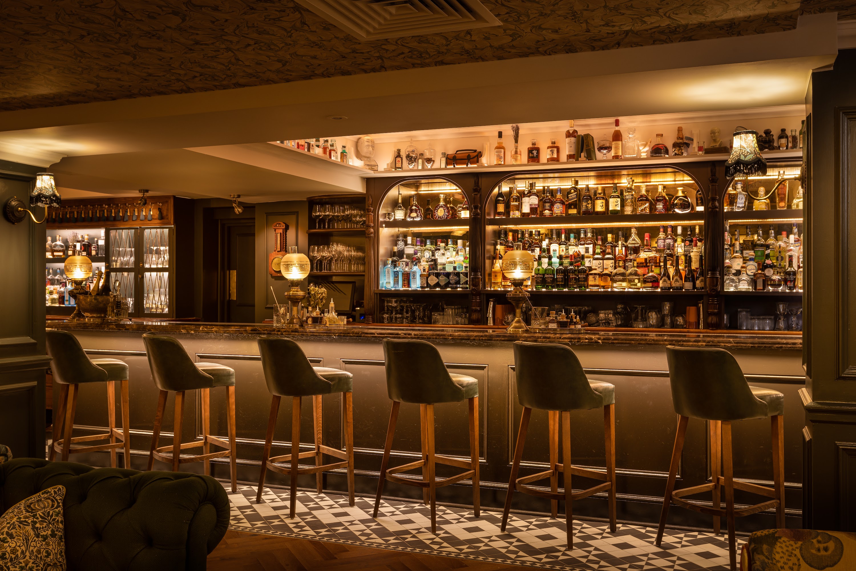 Mr Fogg's Apothecary bar with elegant lighting, ideal for networking events and gatherings.