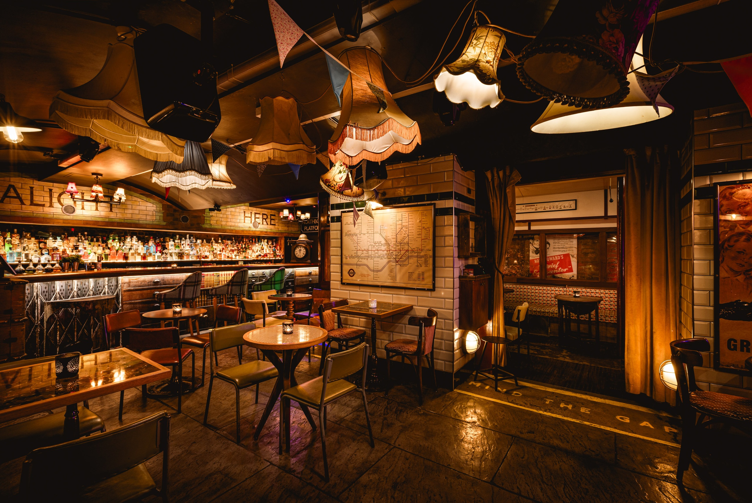 Cahoots's cozy Northbound Platform with warm lighting for intimate gatherings and meetings.