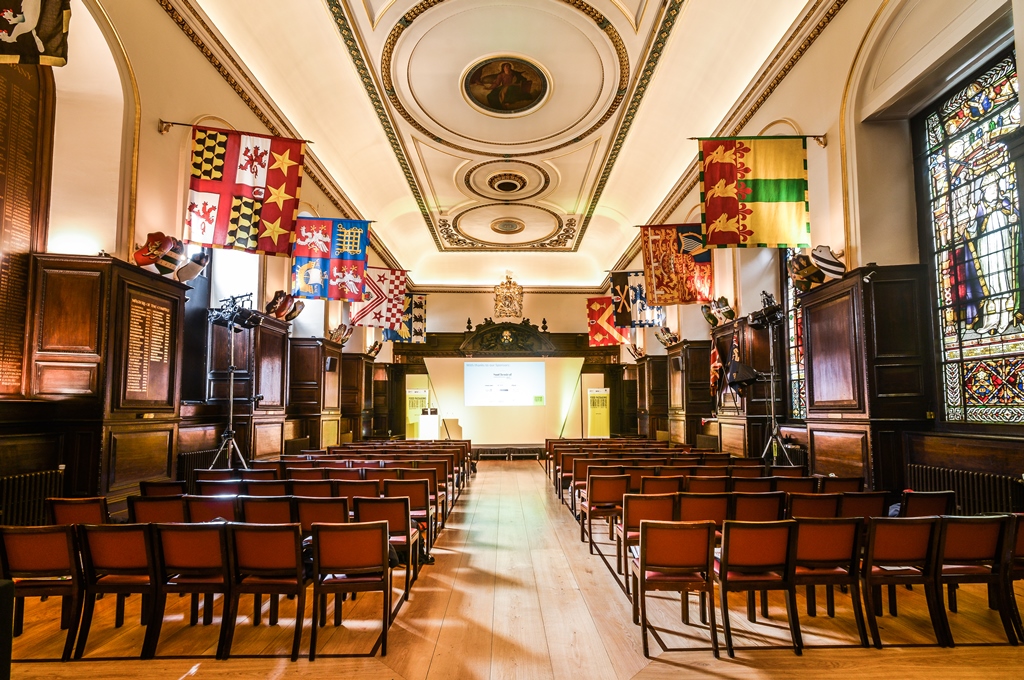 Elegant Stationers' Hall venue with wooden paneling for conferences and formal gatherings.