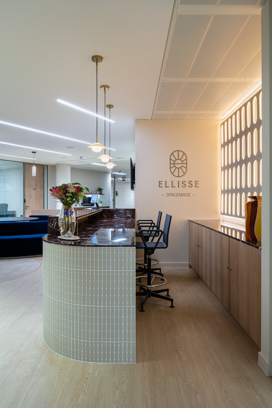 Modern reception at The Pavillion at Ellisse for professional events and networking hubs.