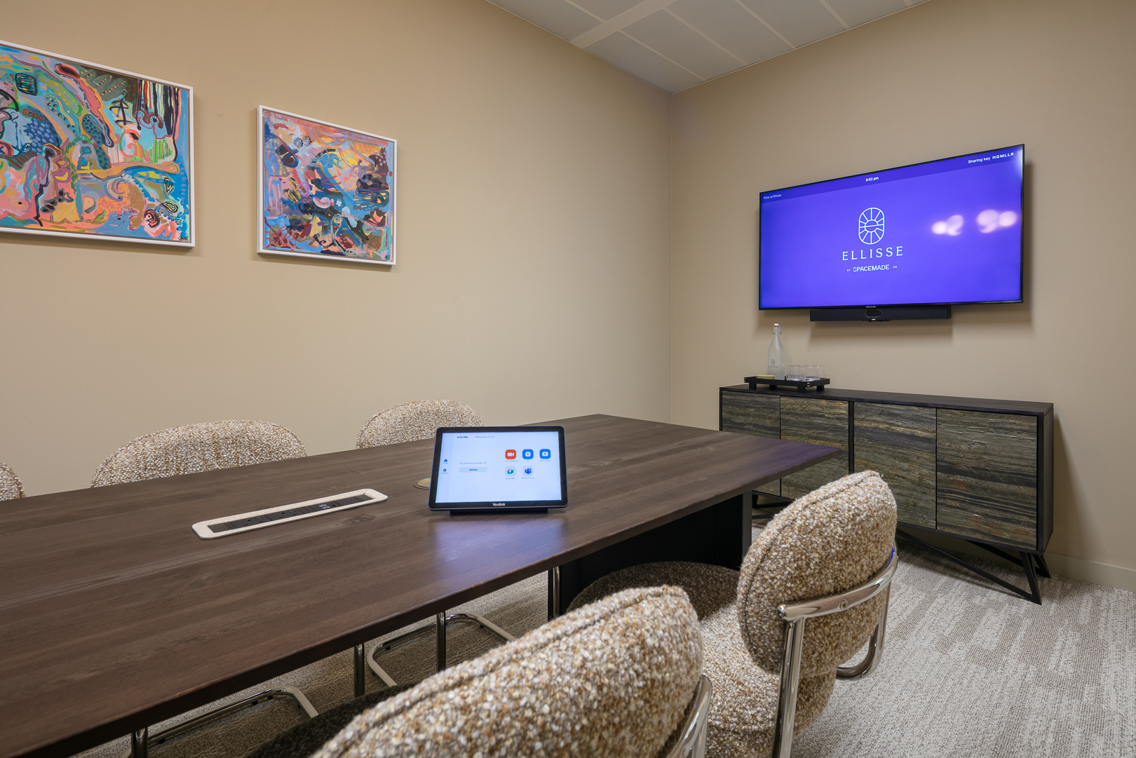 Flow Meeting Room: Sleek executive boardroom with AV for hybrid corporate events.
