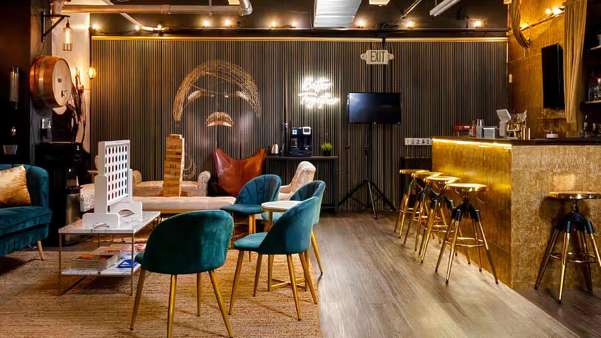 Trendy event space with modern furniture and ambient lighting for networking gatherings