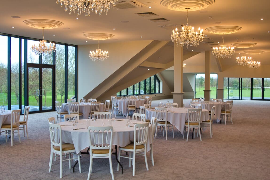 Royal Suite at Cambridge Country Club with chandeliers for weddings and corporate events.
