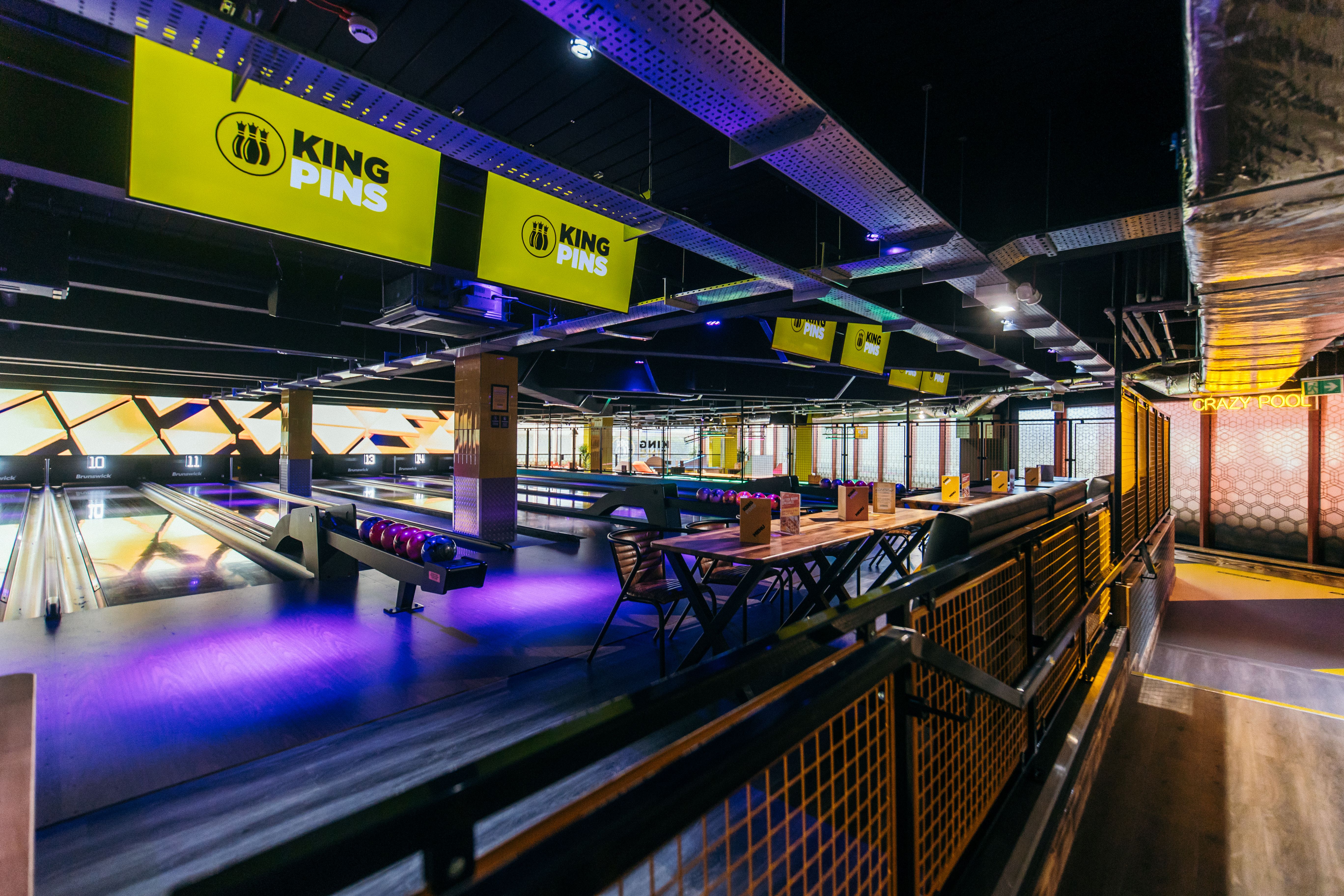 Vibrant bowling alley at King Pins Belfast ideal for team-building and corporate events.
