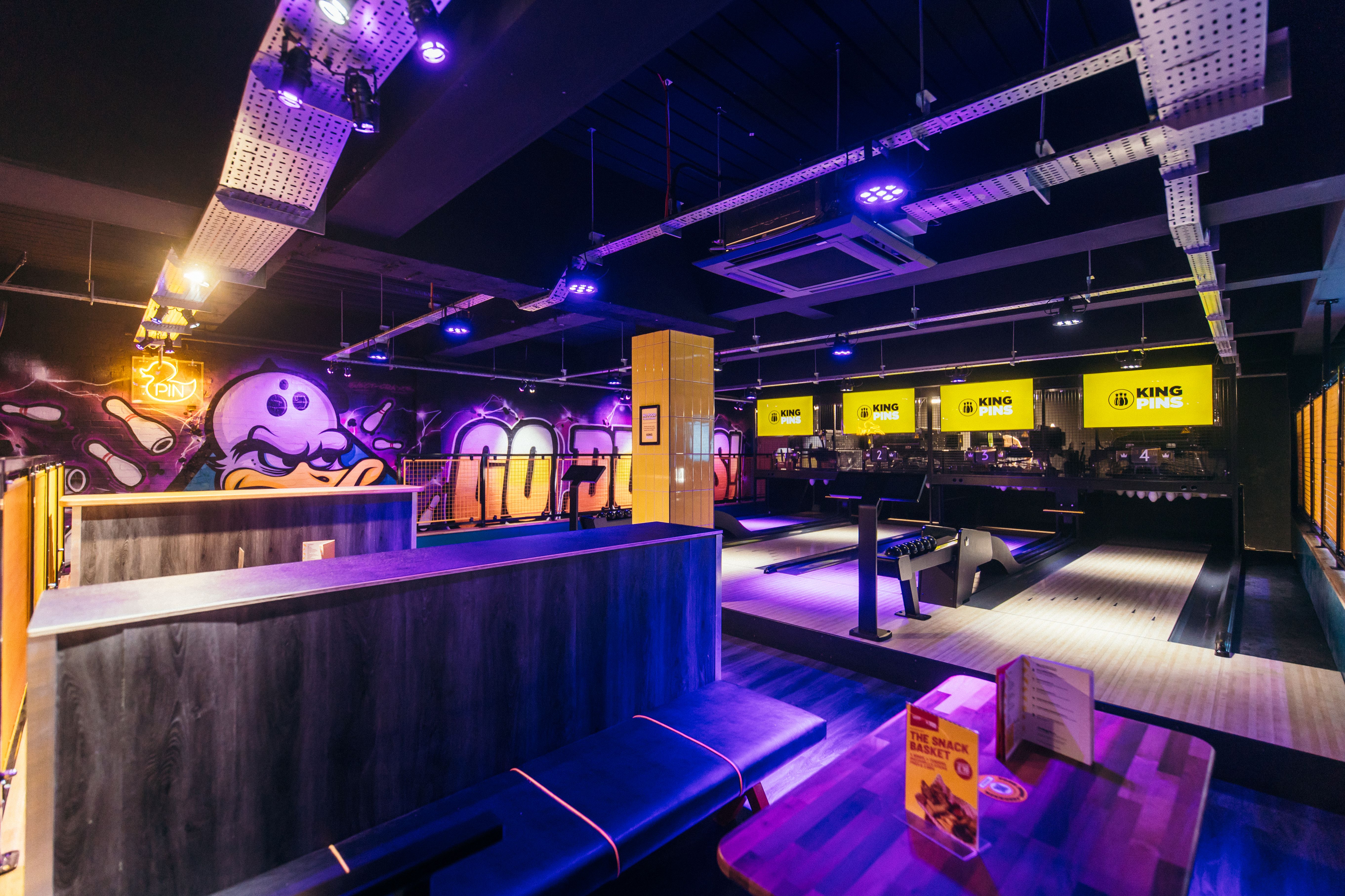 Vibrant Duck Pin Zone bowling alley in Belfast, ideal for corporate events and team-building.