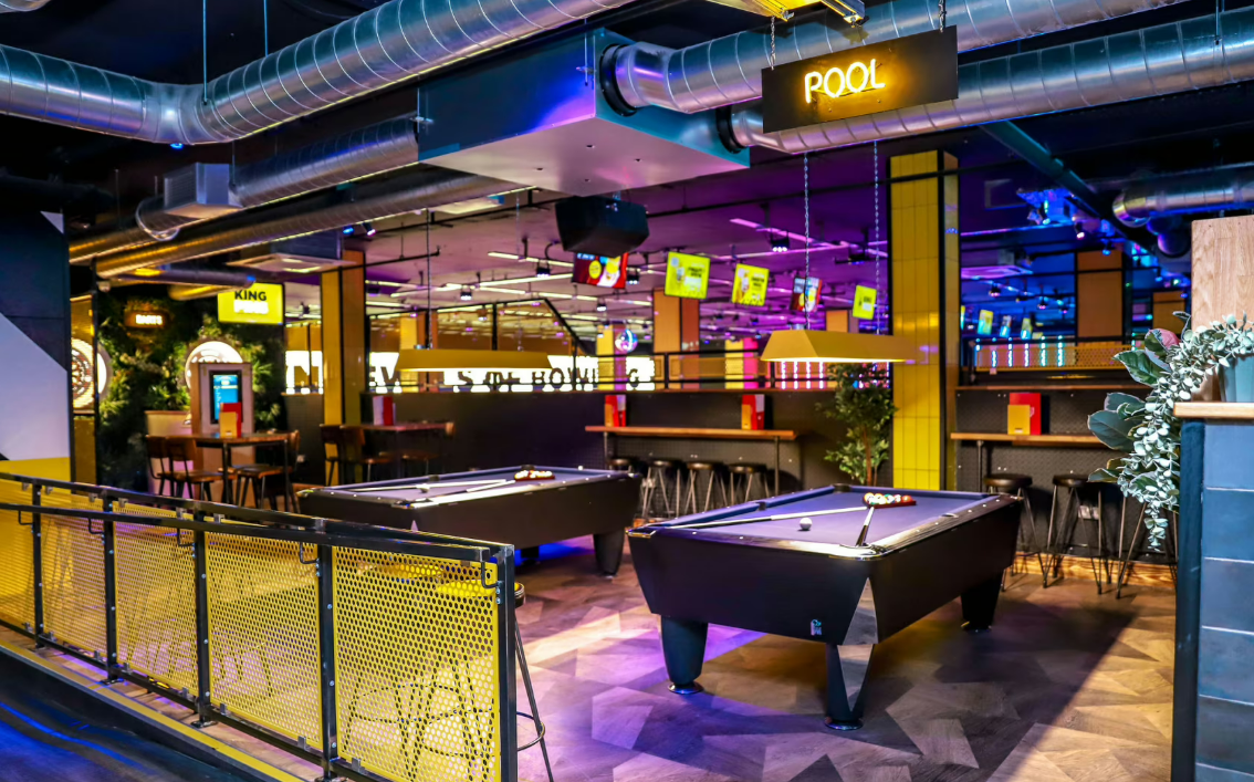 Event space in King Pins, Bristol; pool tables for corporate gatherings and networking.