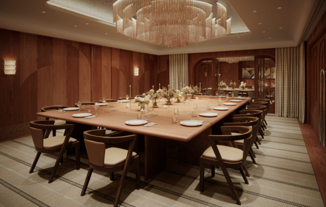 Talland Room at The Newman hotel, elegant boardroom with chandelier for intimate events.