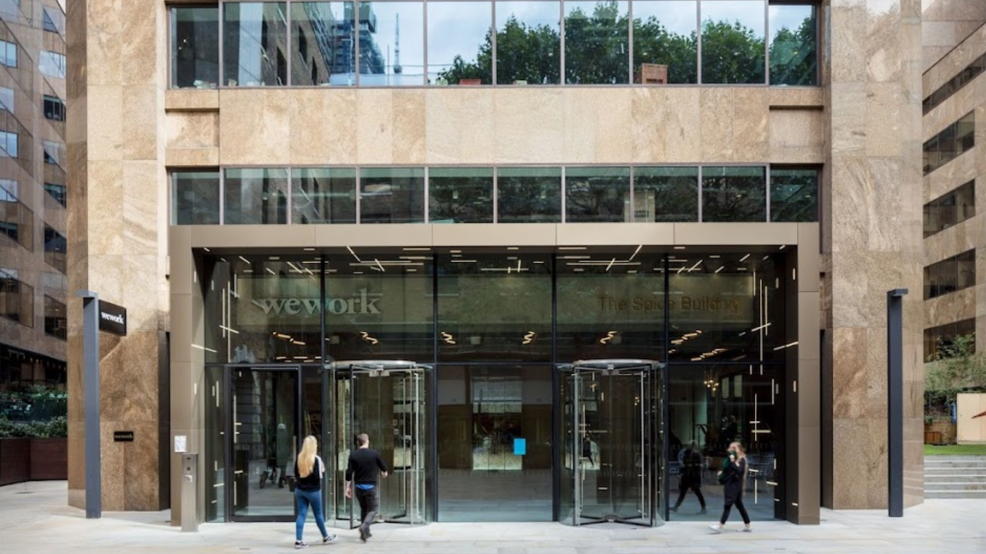 Modern WeWork 145 City Road entrance with glass features, perfect for corporate meetings.