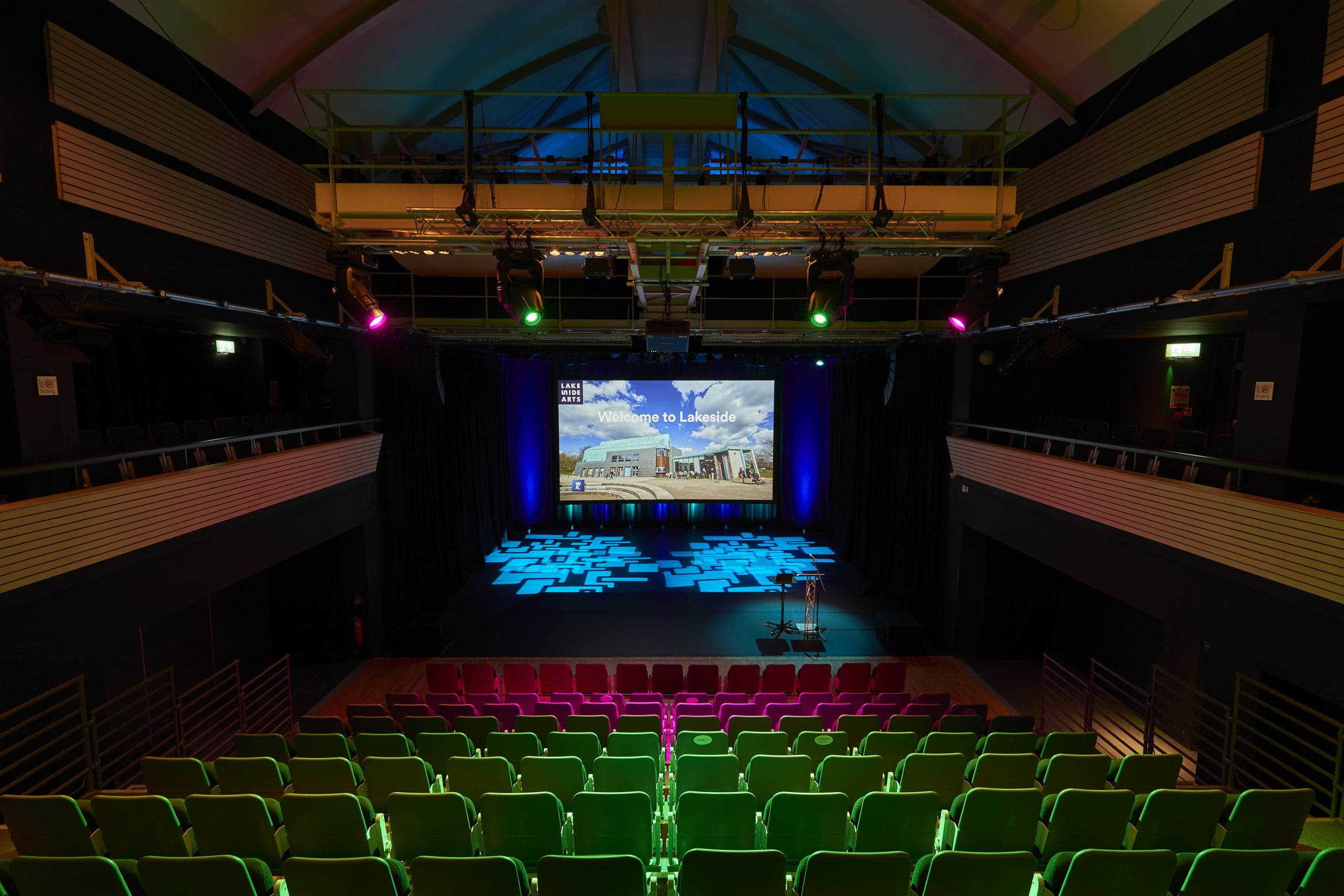 Djanogly Theatre auditorium with modern design, ideal for conferences and presentations.