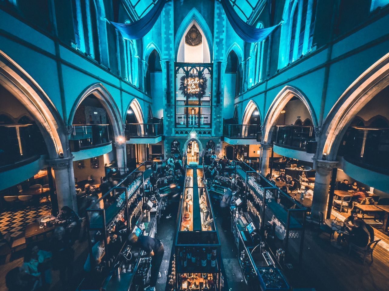 Stunning Mezzanine at Pitcher & Piano, ideal for weddings and events, with soaring arches.