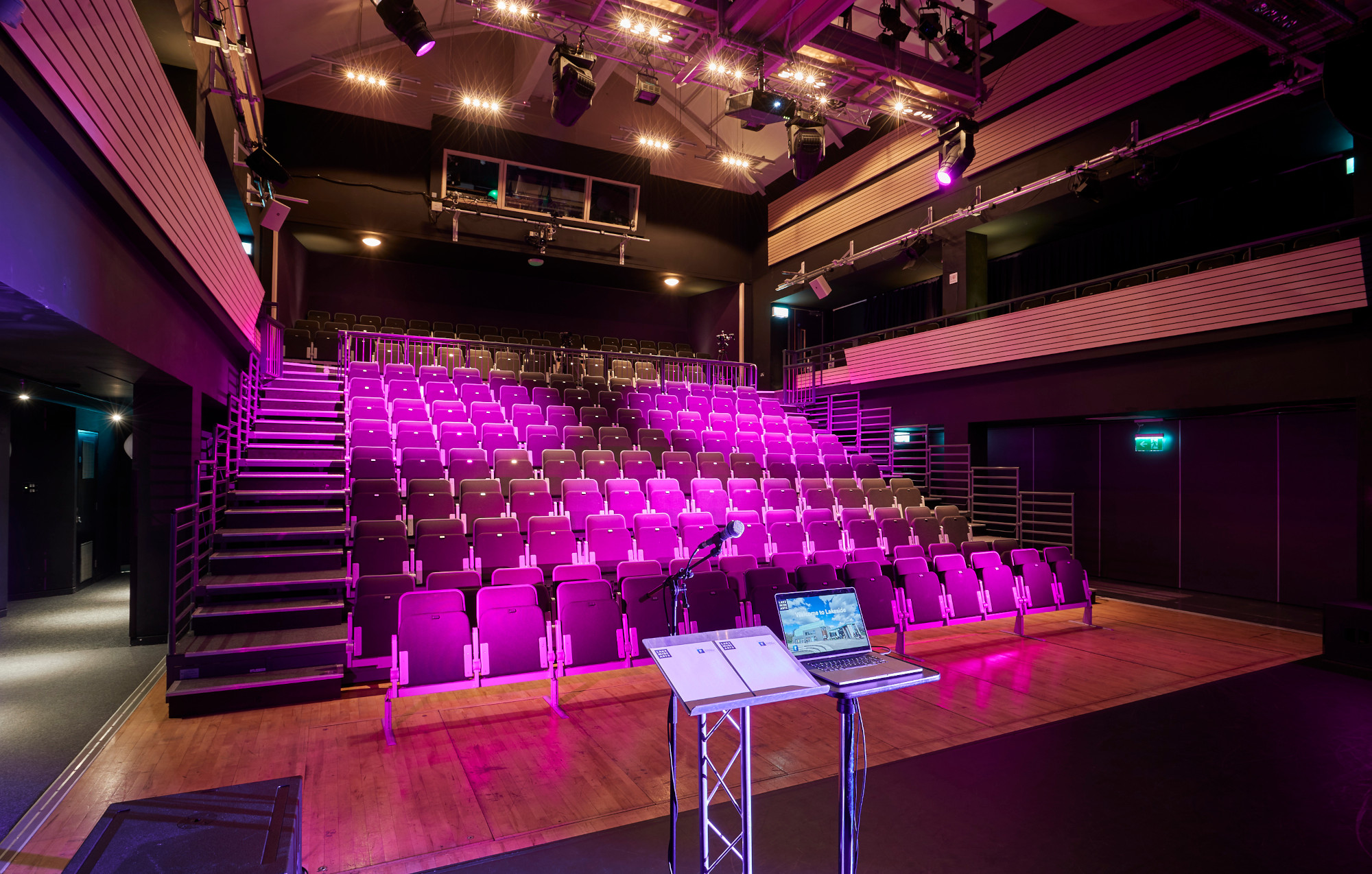 Versatile auditorium with tiered seating at Lakeside Arts for conferences and workshops.