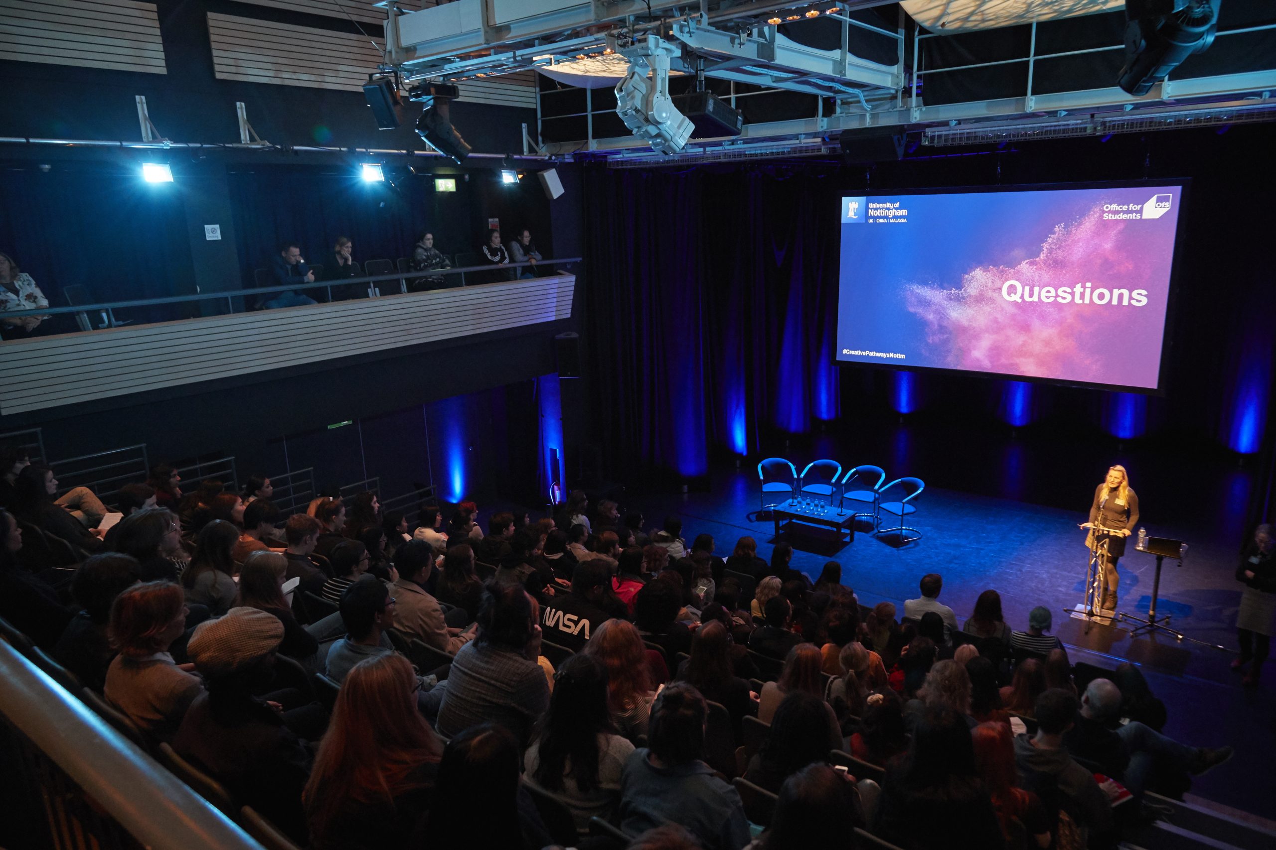 Lakeside Arts event: speaker, blue lights, Q&A