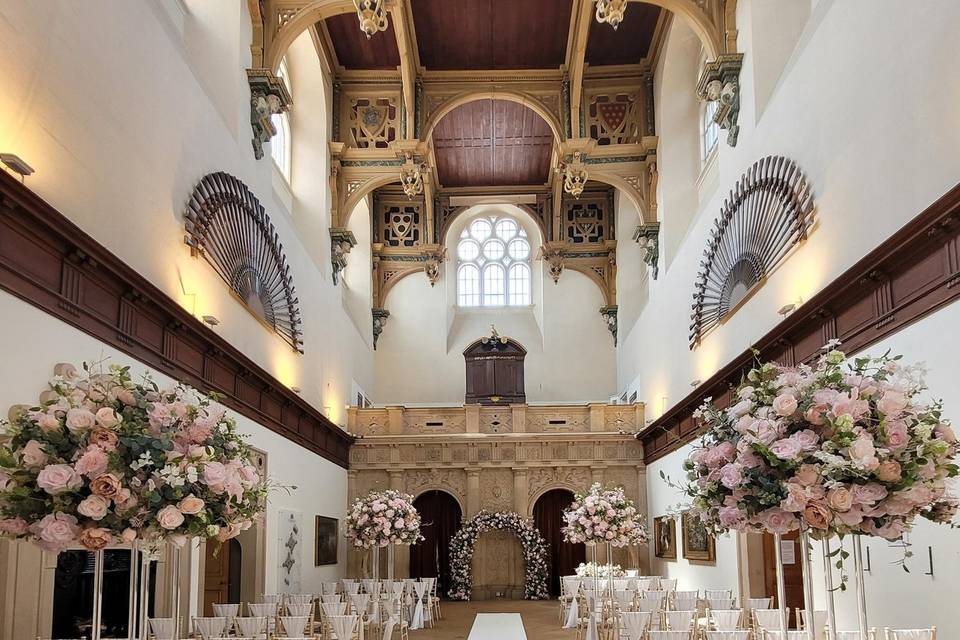 Great Hall at Wollaton Hall, ornate ceiling, elegant wedding venue, romantic atmosphere