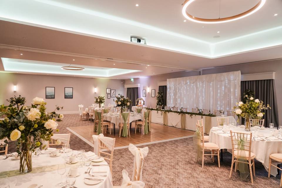 Lawrence Suite wedding banquet hall with wooden dance floor for elegant event venue hire.